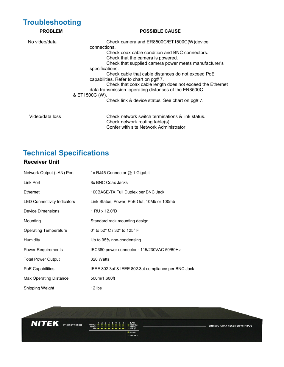 Troubleshooting, Technical specifications | Nitek ER8500C User Manual | Page 10 / 11