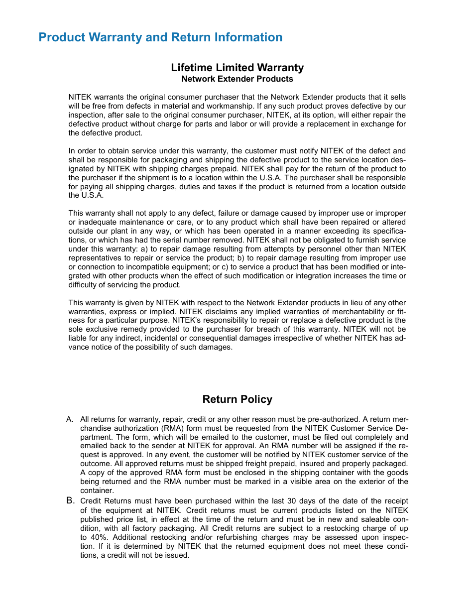 Product warranty and return information, Return policy, Lifetime limited warranty | Nitek ER8500C User Manual | Page 11 / 11