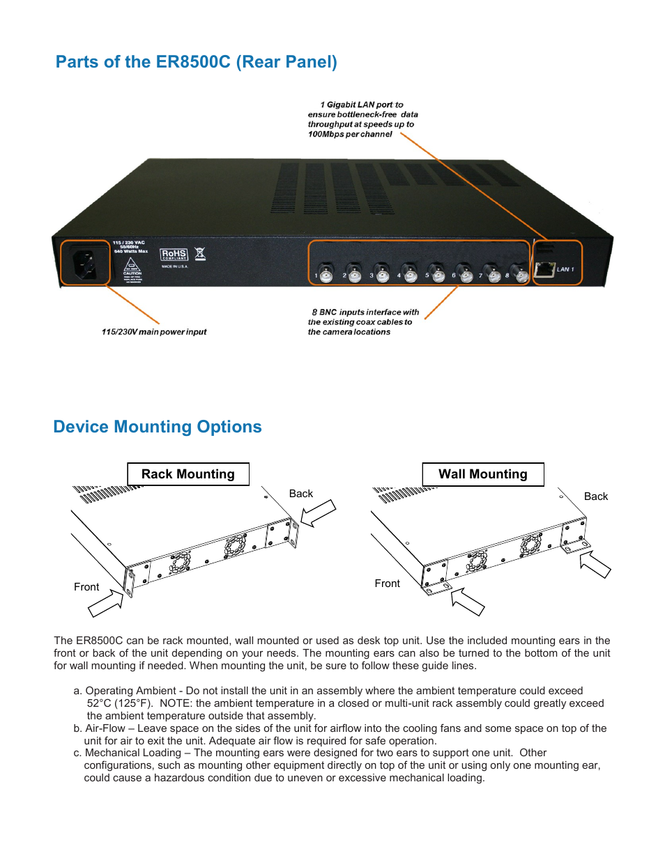 Parts of the er8500c (rear panel), Device mounting options | Nitek ER8500C User Manual | Page 4 / 11