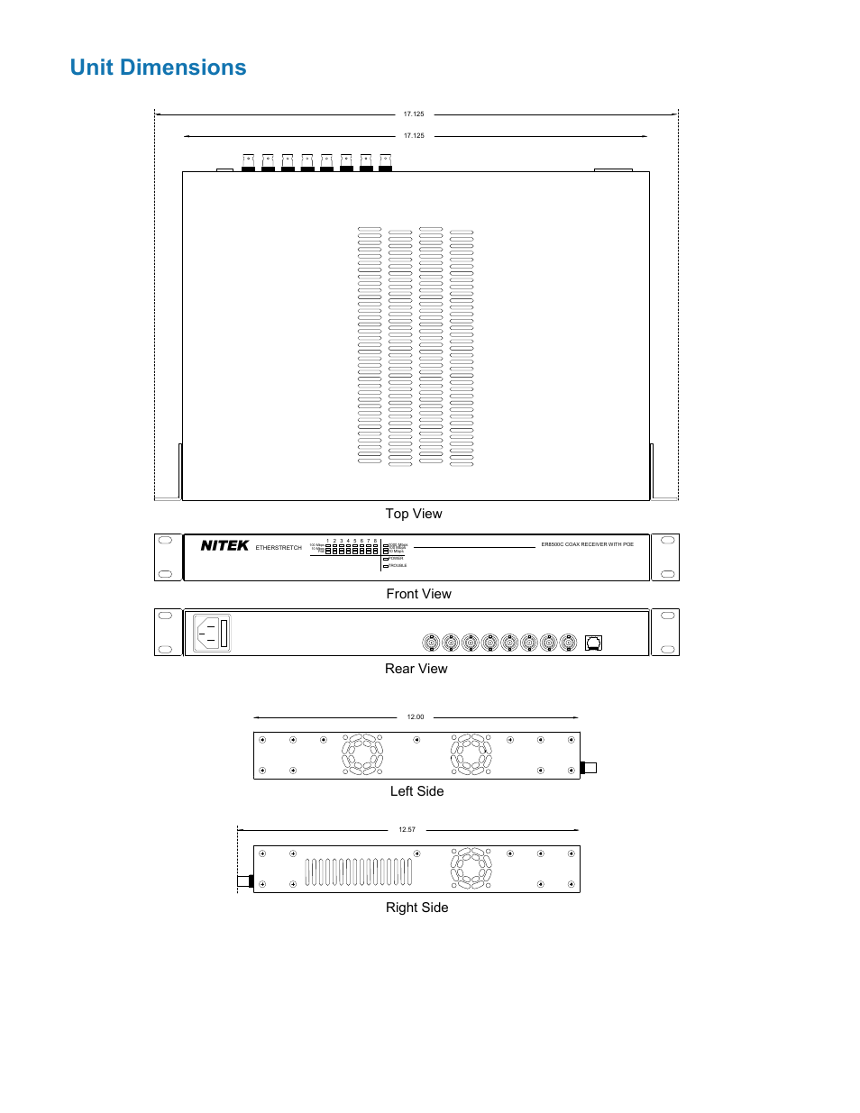 Unit dimensions, Top view front view rear view left side right side, Nitek | Nitek ER8500C User Manual | Page 8 / 11