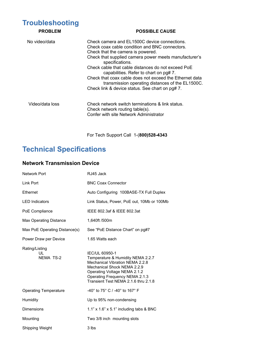 Technical specifications troubleshooting | Nitek EL4500C User Manual | Page 8 / 9
