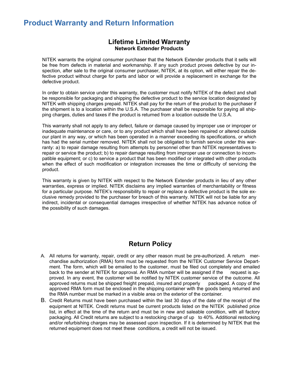 Network extender products, Product warranty and return information, Return policy | Lifetime limited warranty | Nitek EL4500C User Manual | Page 9 / 9