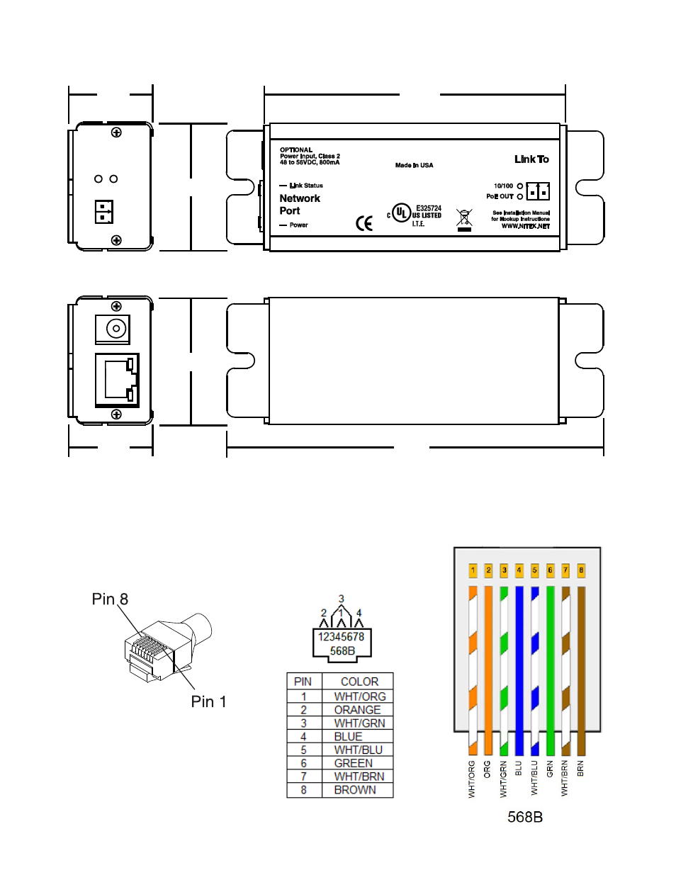 Device dimensions 568b pin out termination | Nitek EL1551U User Manual | Page 6 / 9