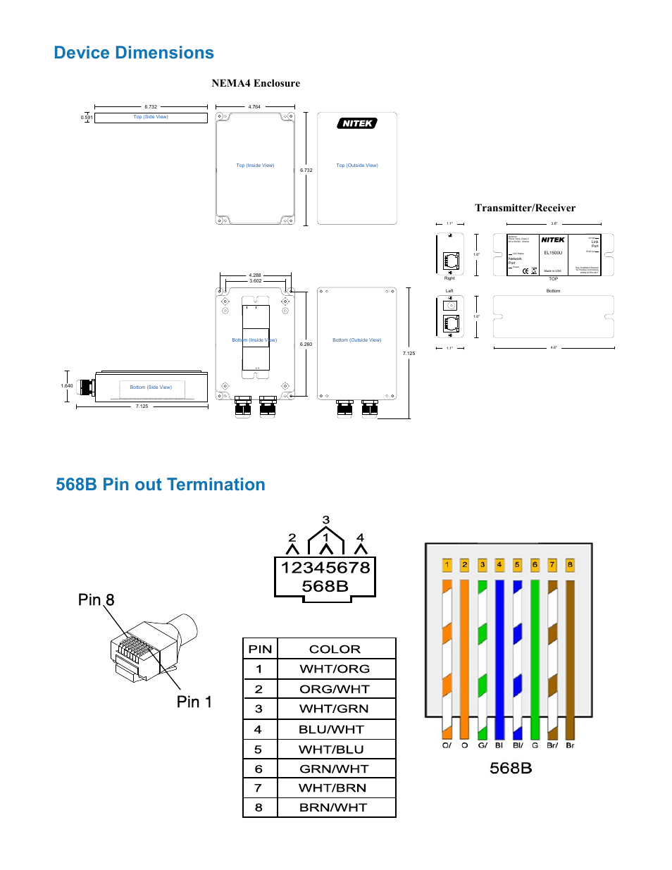 Device dimensions 568b pin out termination, Nema4 enclosure transmitter/receiver, Nitek | Nitek EL1500UW User Manual | Page 6 / 9