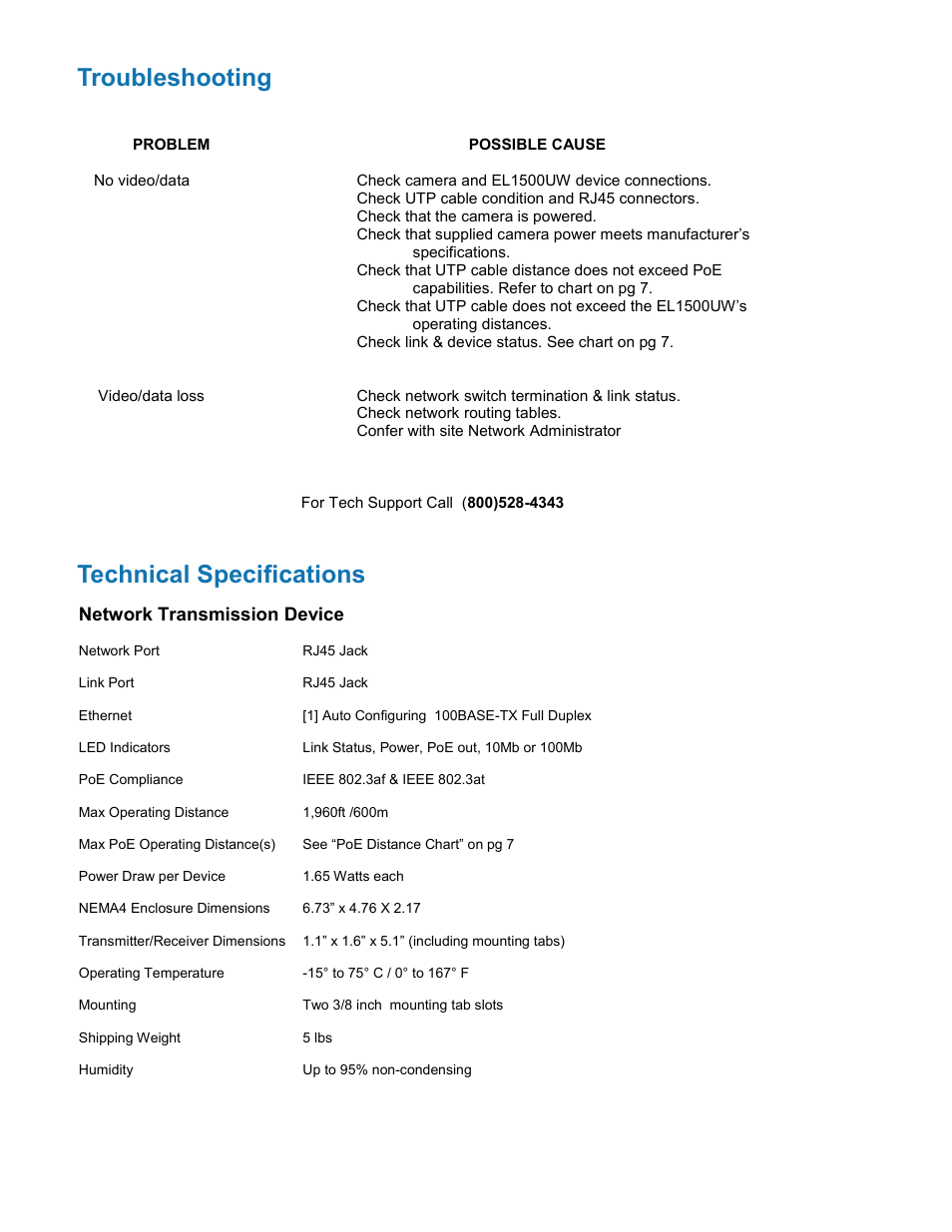 Troubleshooting, Technical specifications | Nitek EL1500UW User Manual | Page 8 / 9
