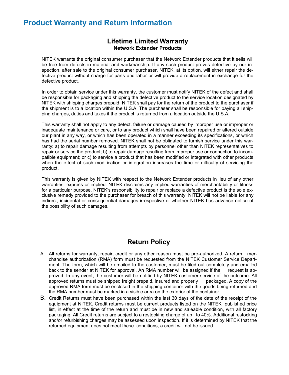 Product warranty and return information, Return policy, Lifetime limited warranty | Nitek EL1500U User Manual | Page 9 / 9