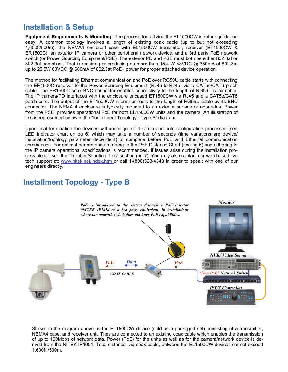 Installation & setup, Installment topology - type b | Nitek EL1500CW User Manual | Page 5 / 9