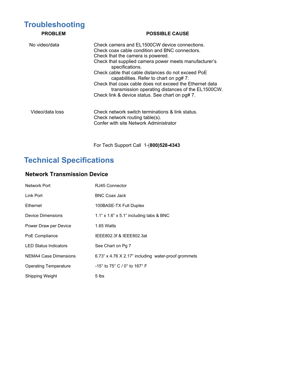Troubleshooting, Technical specifications | Nitek EL1500CW User Manual | Page 8 / 9