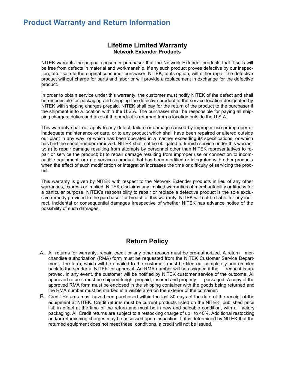 Network extender products, Product warranty and return information, Lifetime limited warranty | Return policy | Nitek EL1500CW User Manual | Page 9 / 9