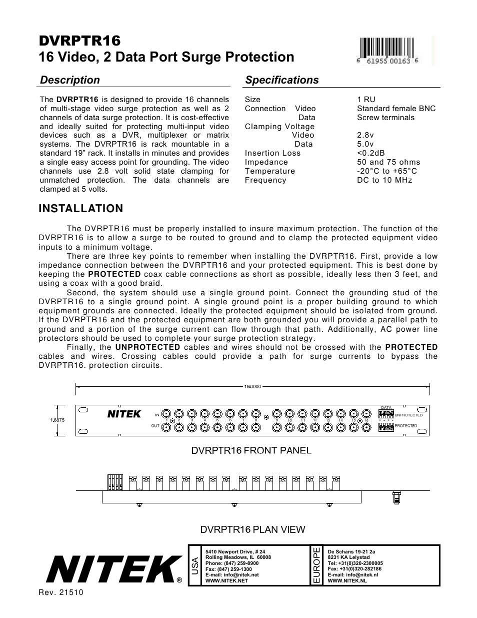 Nitek DVRPTR16 User Manual | 1 page