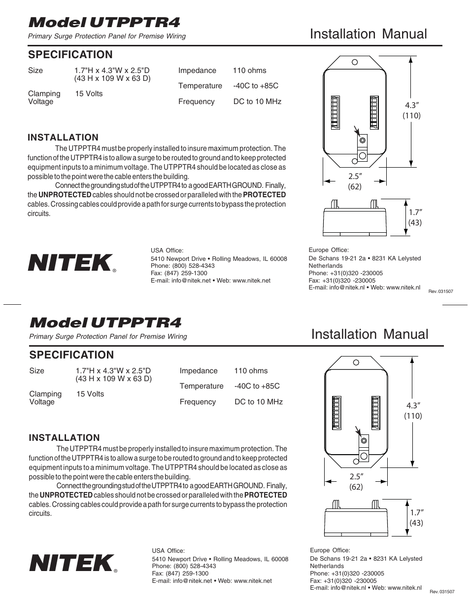 Nitek UTPPTR4 User Manual | 1 page