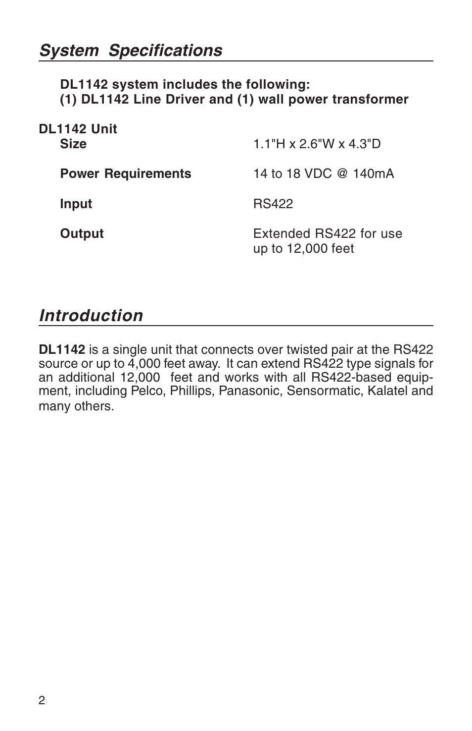 System specifications, Introduction | Nitek DL1142 User Manual | Page 2 / 8