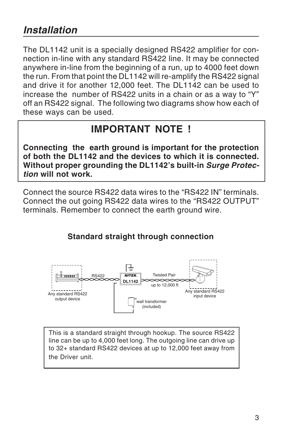 Installation, Surge protec- tion | Nitek DL1142 User Manual | Page 3 / 8