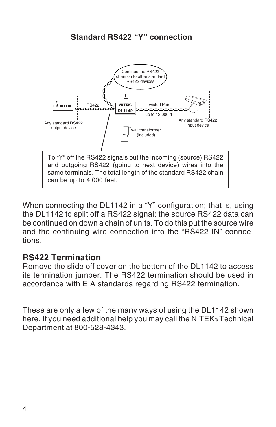 Rs422 termination, Standard rs422 “y” connection | Nitek DL1142 User Manual | Page 4 / 8