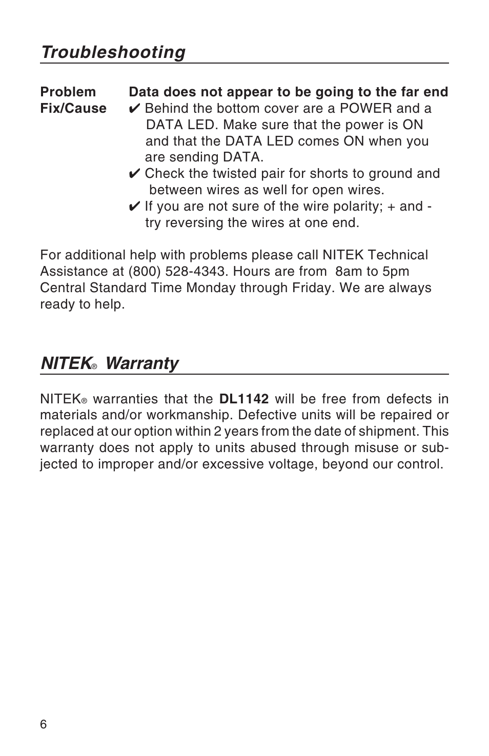 Troubleshooting, Nitek, Warranty | Nitek DL1142 User Manual | Page 6 / 8