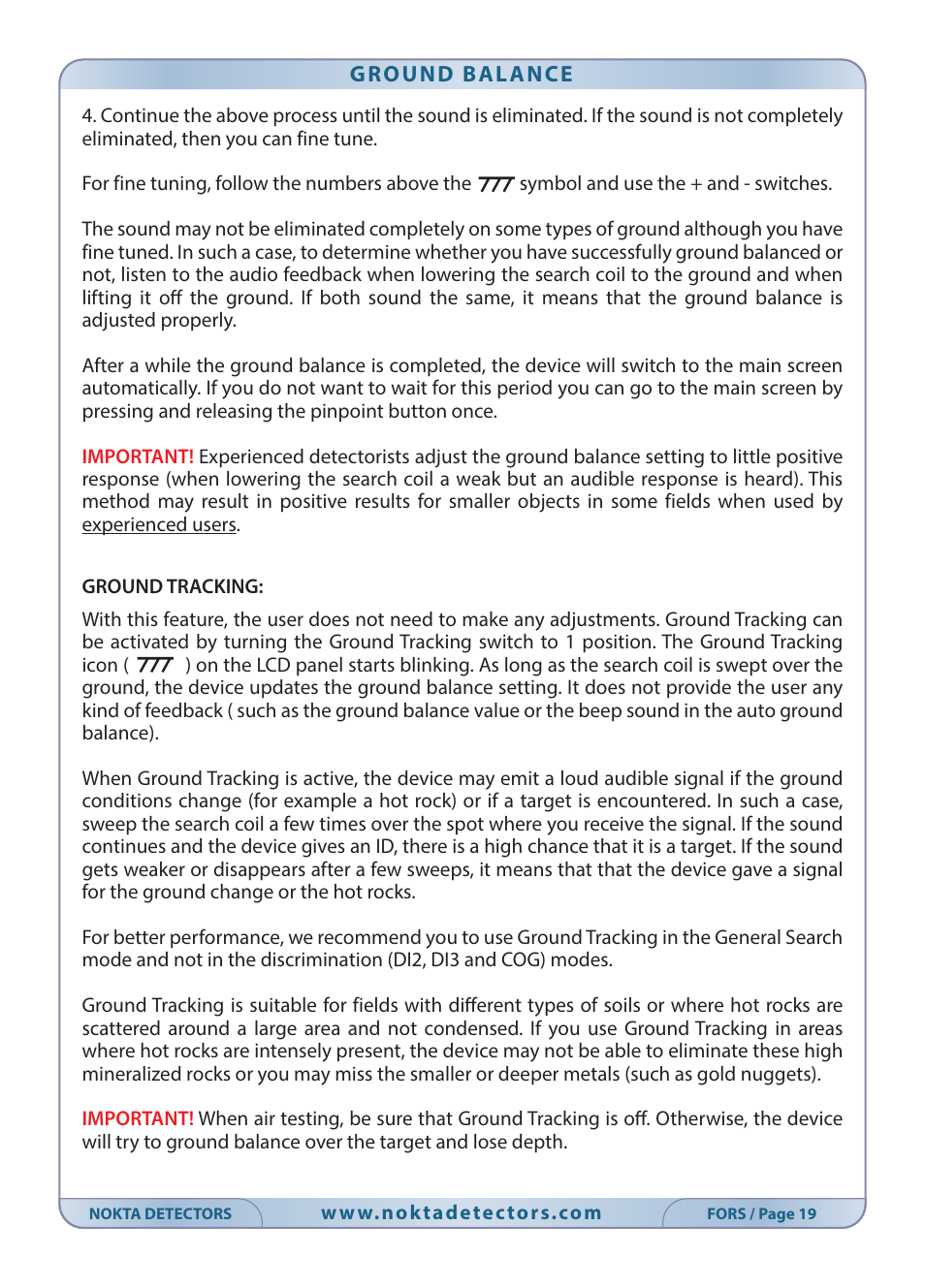 Nokta detectors Fors CoRe User Manual | Page 20 / 33