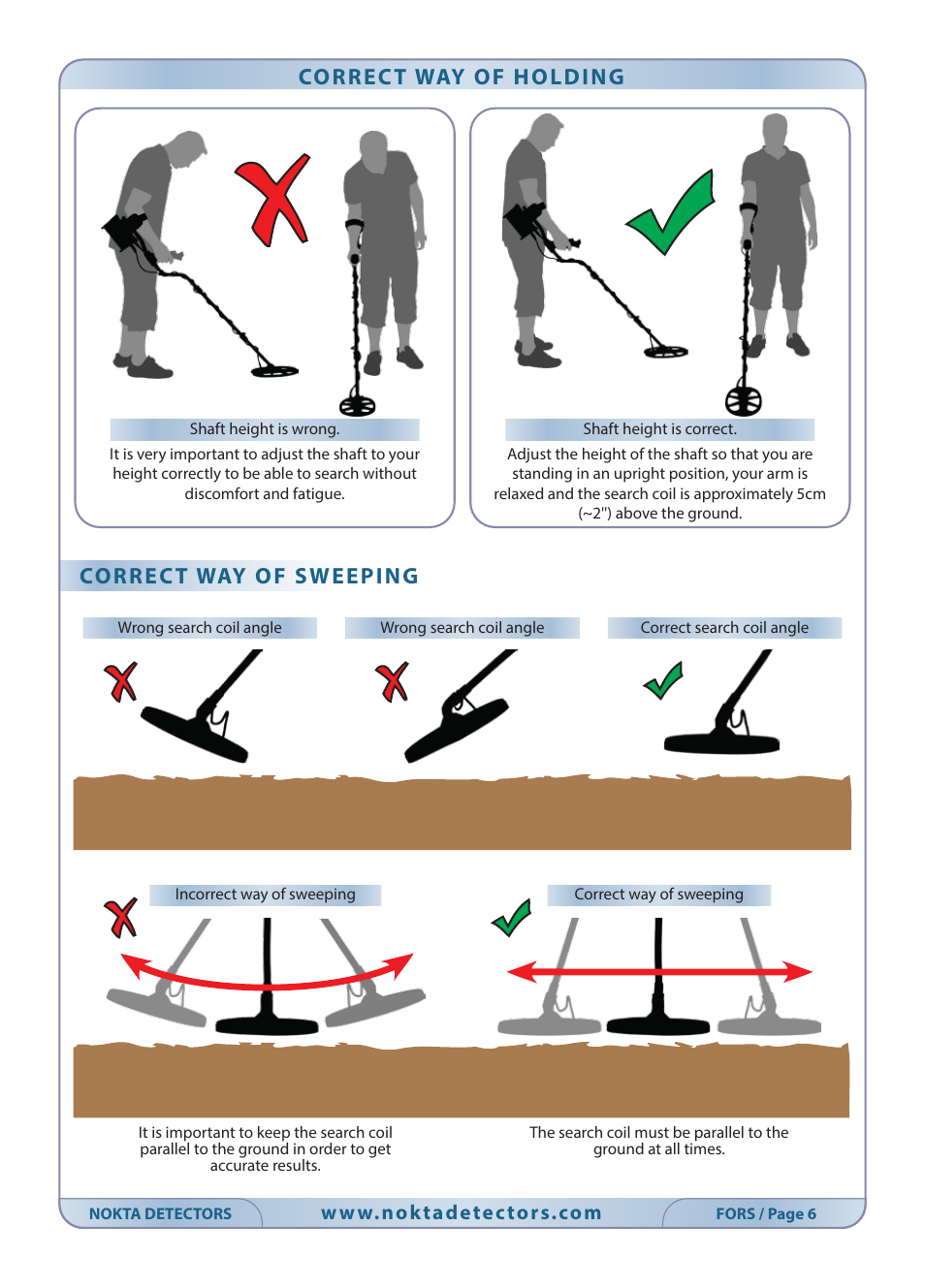Correct way of holding correct way of sweeping | Nokta detectors Fors CoRe User Manual | Page 7 / 33