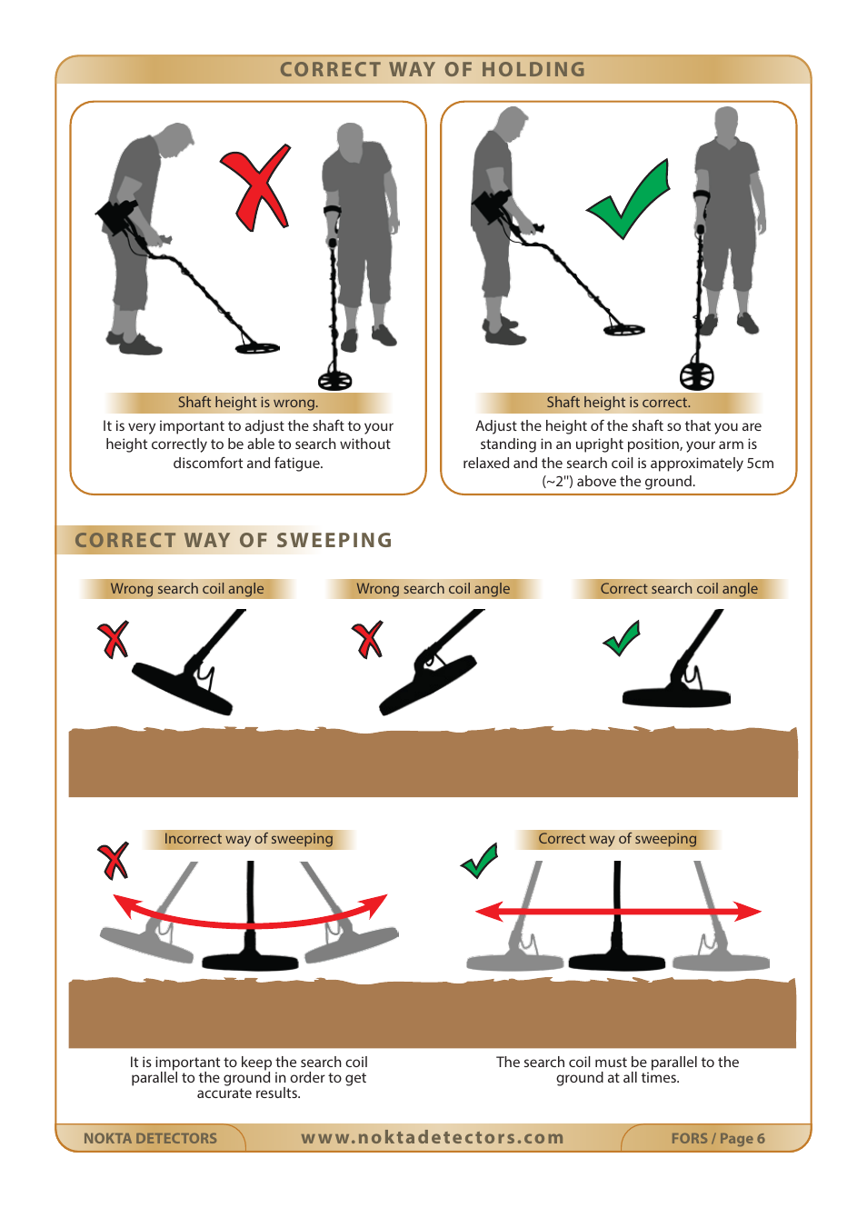 Correct way of holding correct way of sweeping | Nokta detectors Fors Gold User Manual | Page 7 / 33