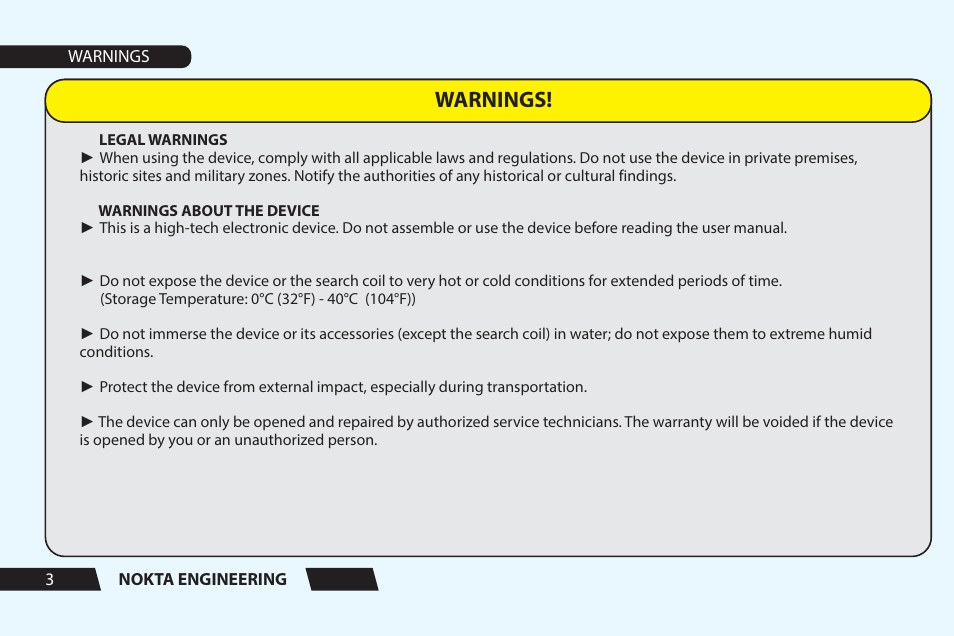 Warnings | Nokta detectors Velox One User Manual User Manual | Page 4 / 20