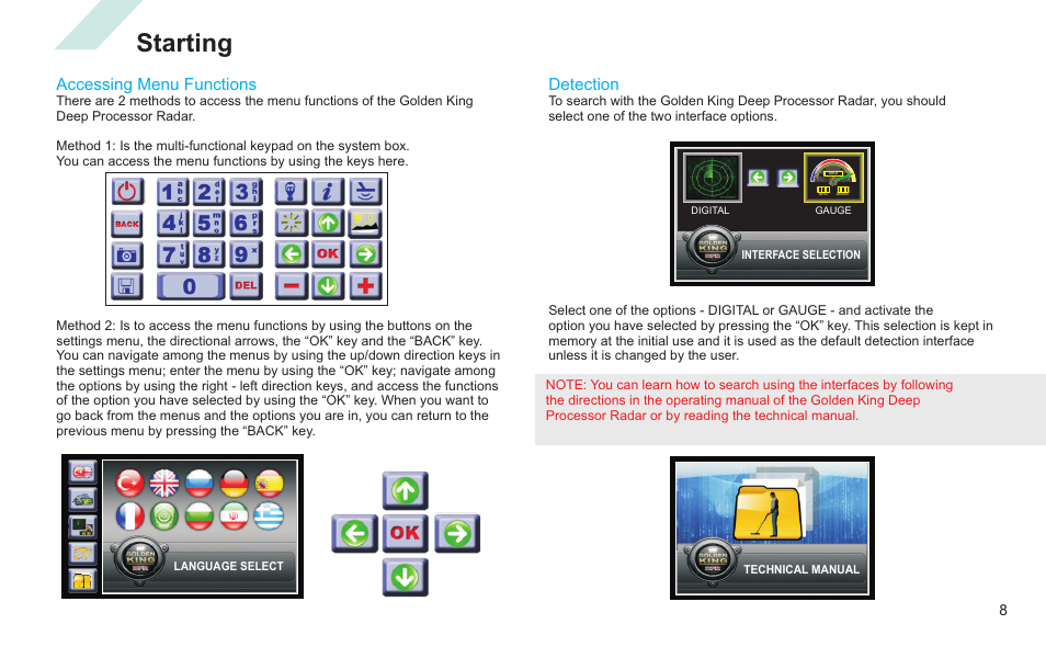 Starting, Accessing menu functions, Detection | Nokta detectors Golden King NGR User Manual | Page 14 / 44