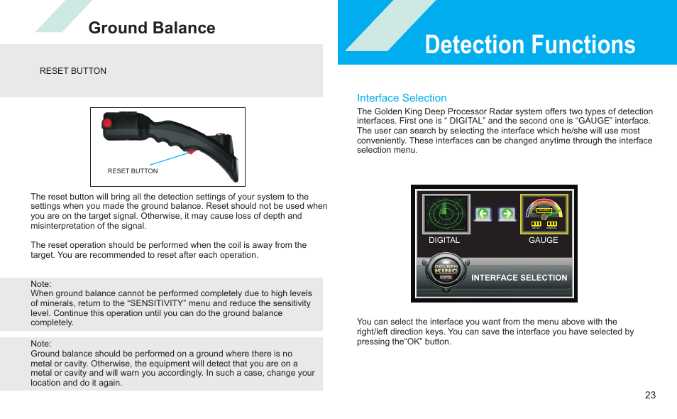 Detection functions, Ground balance, Interface selection | Nokta detectors Golden King NGR User Manual | Page 29 / 44