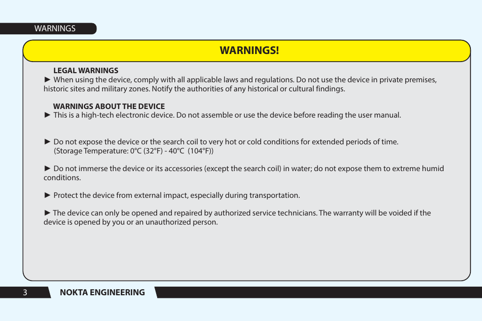 Warnings | Nokta detectors Golden Sense User Manual User Manual | Page 4 / 24