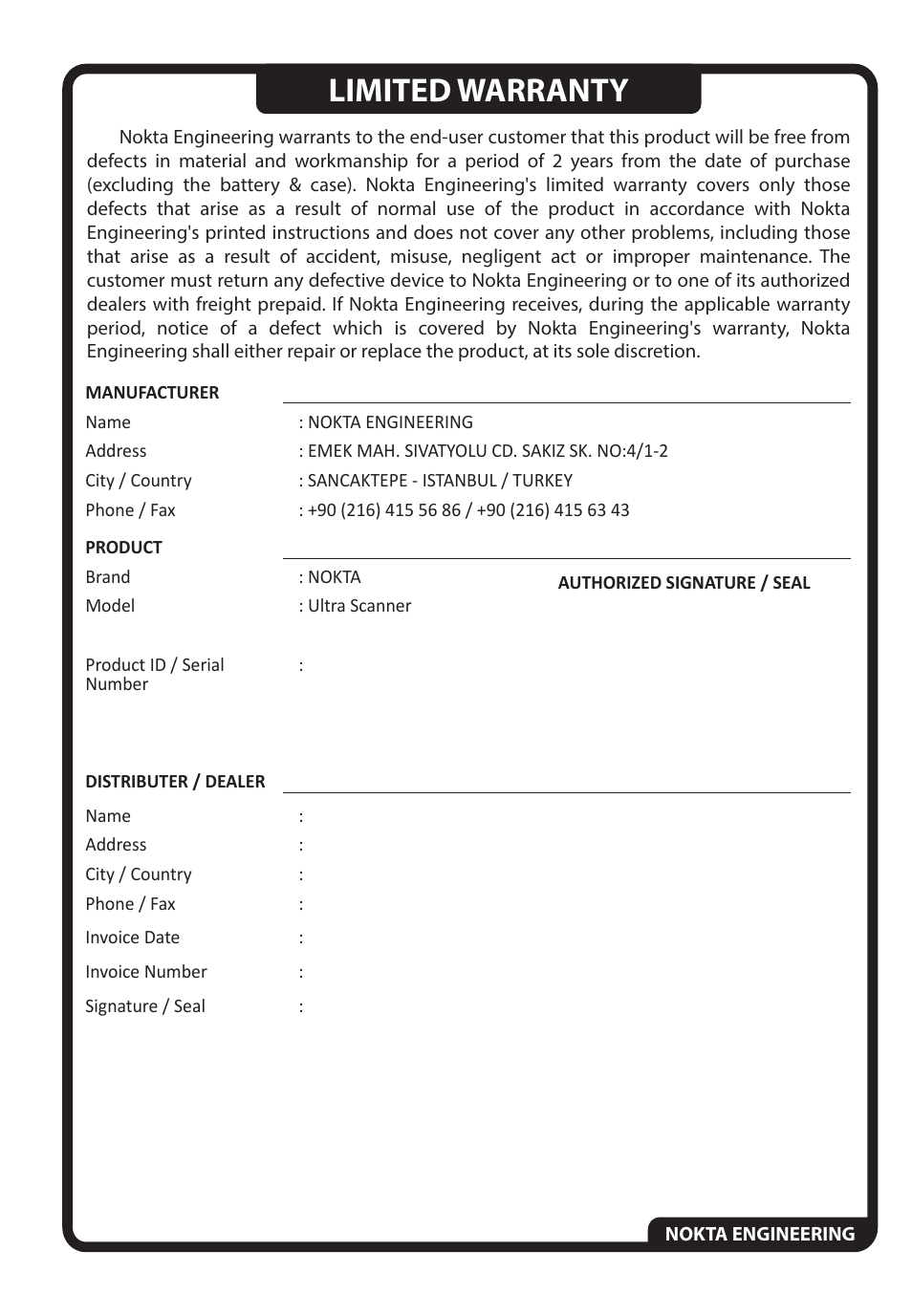 Limited warranty | Nokta detectors Ultra Scanner User Manual | Page 7 / 8