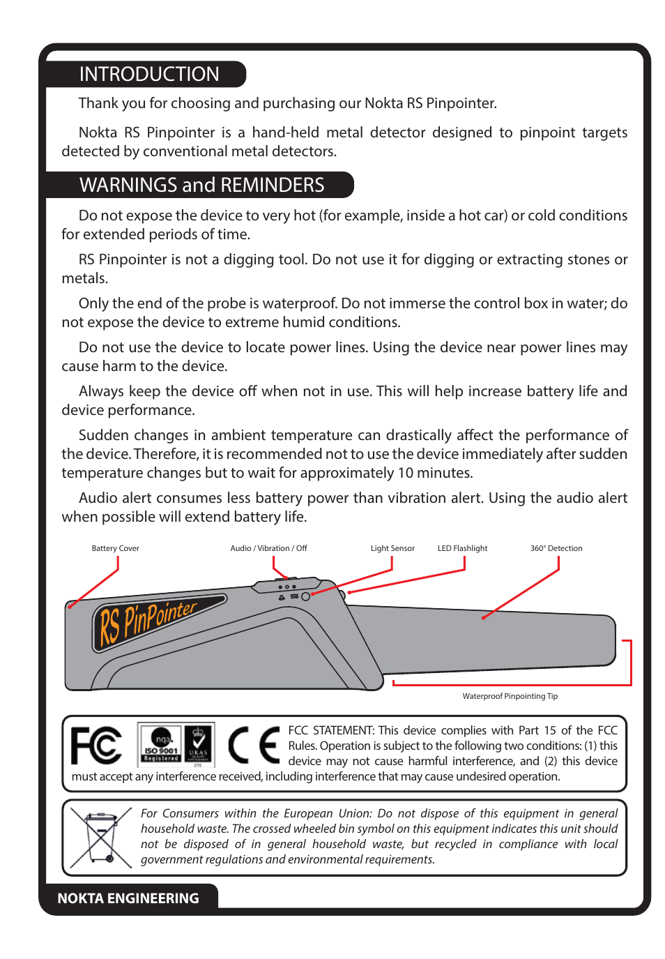 Introduction warnings and reminders | Nokta detectors RS Pinpointer User Manual | Page 2 / 4