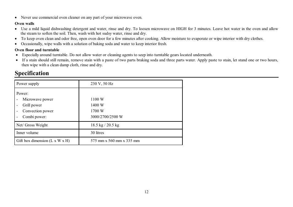 Specification | Hyundai H-MW1230 User Manual | Page 12 / 24