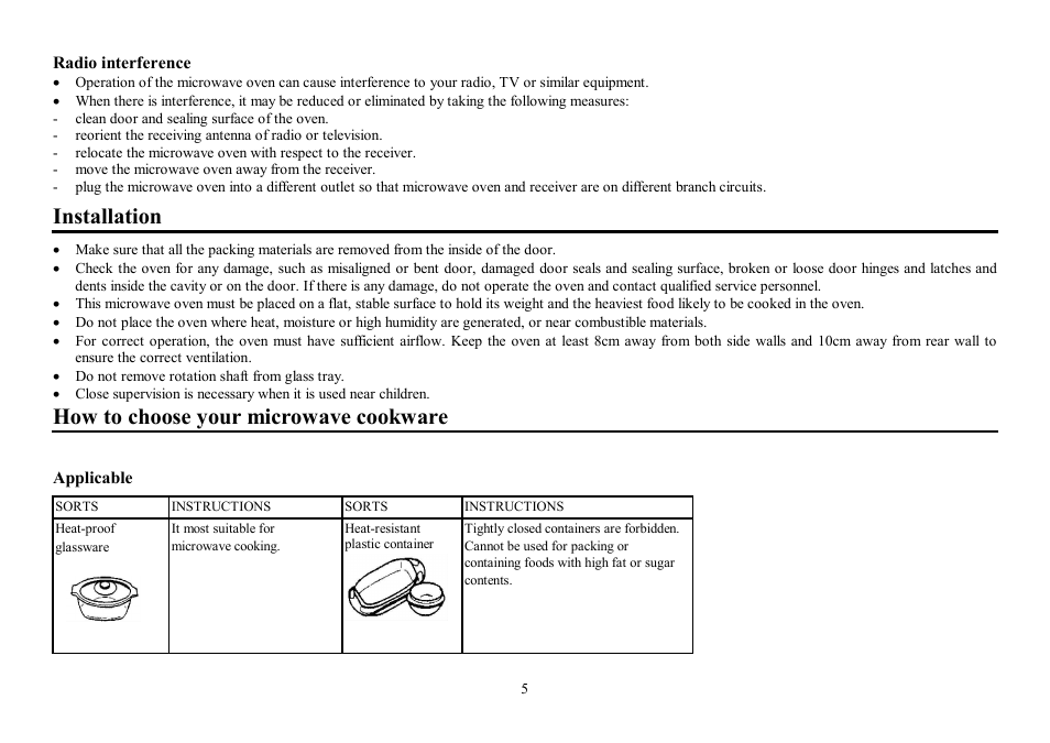 Installation, How to choose your microwave cookware | Hyundai H-MW1230 User Manual | Page 5 / 24