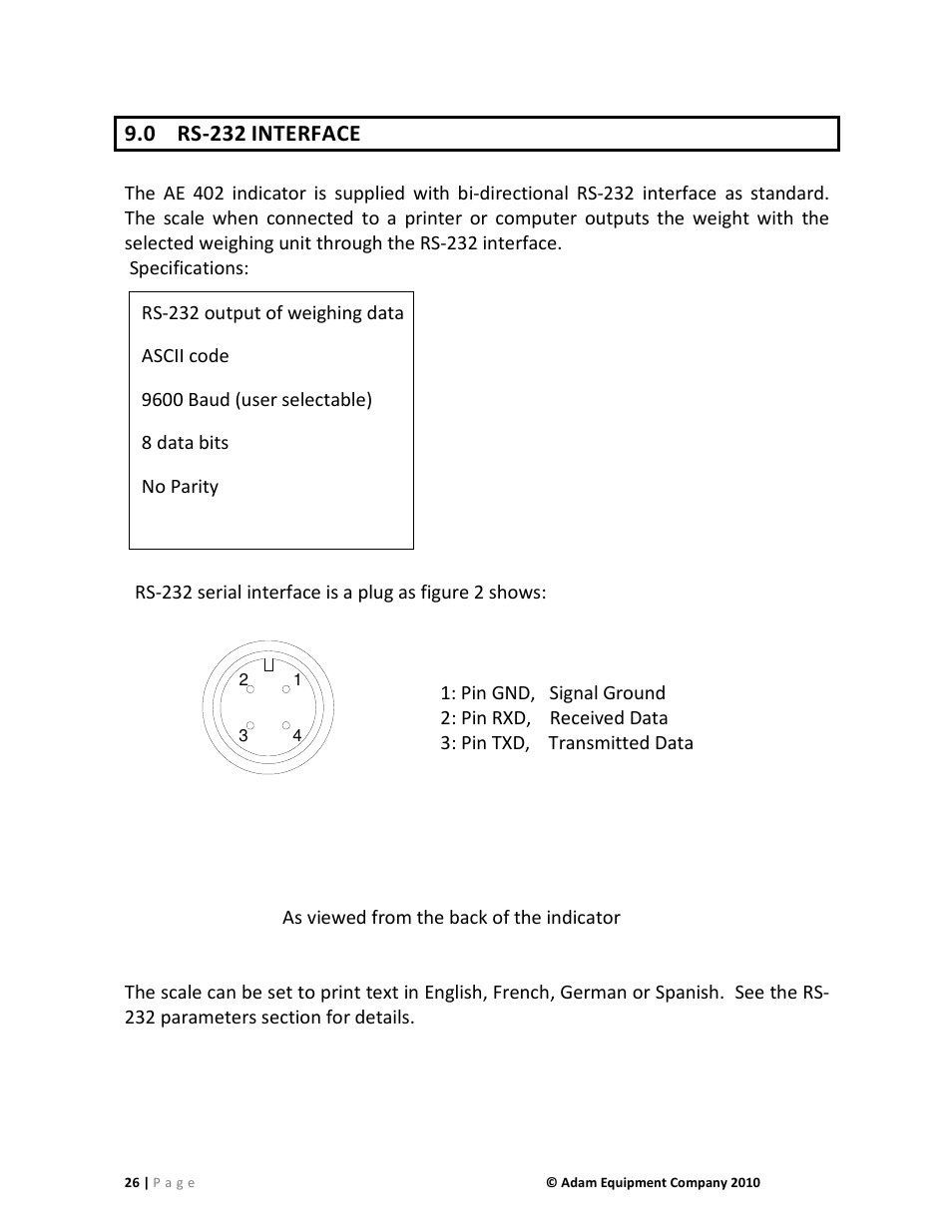 0 rs-232, Interface | Nova-Tech AE402 Indicator User Manual | Page 28 / 44