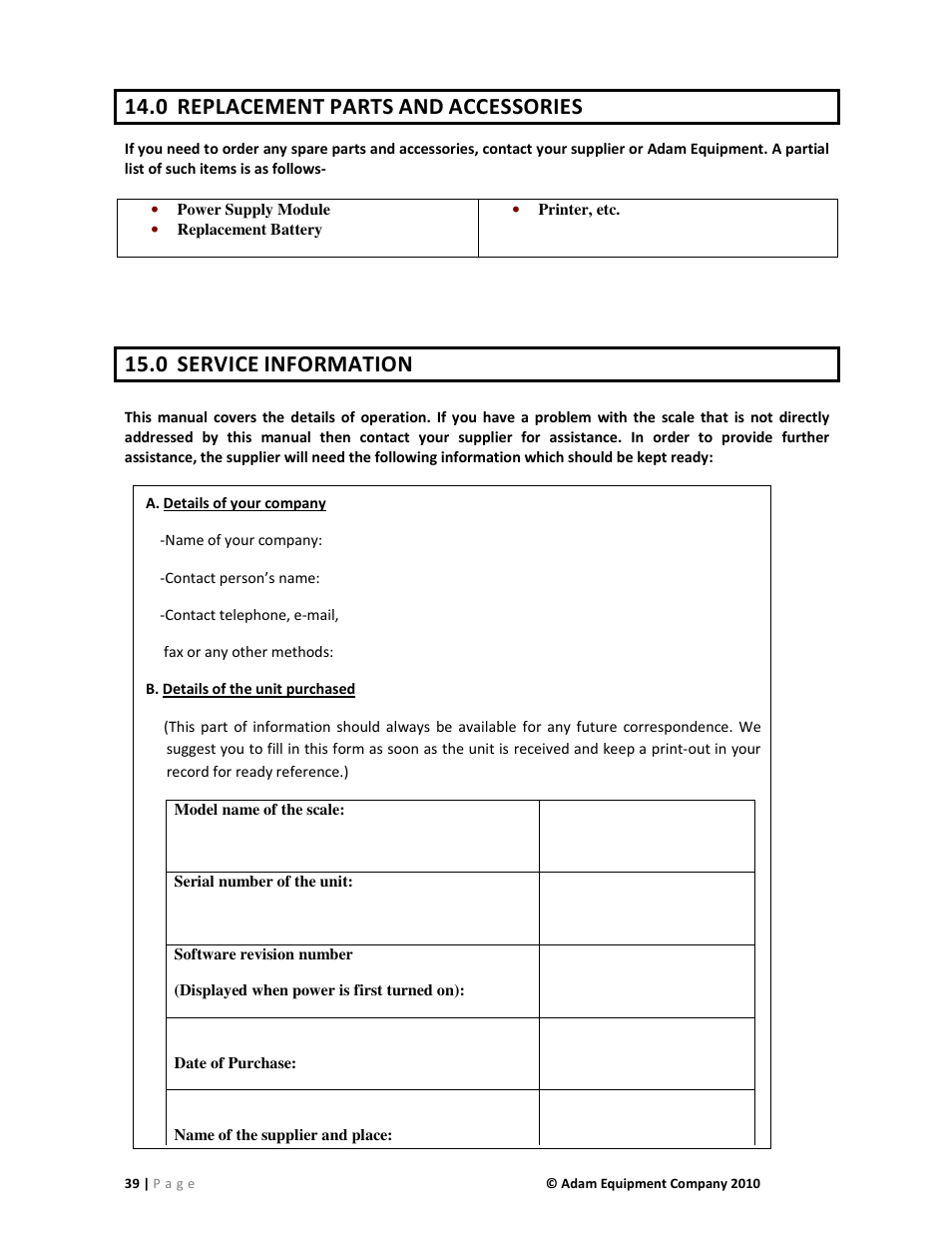 0 replacement, Parts, Accessories | 0 service, Information | Nova-Tech AE402 Indicator User Manual | Page 41 / 44