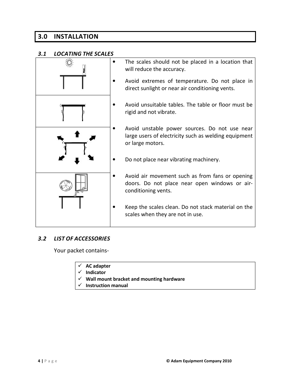 0 installation, 1 locating, Scales | 2 list, Accessories, Your packet contains, Do not place near vibrating machinery | Nova-Tech AE402 Indicator User Manual | Page 6 / 44