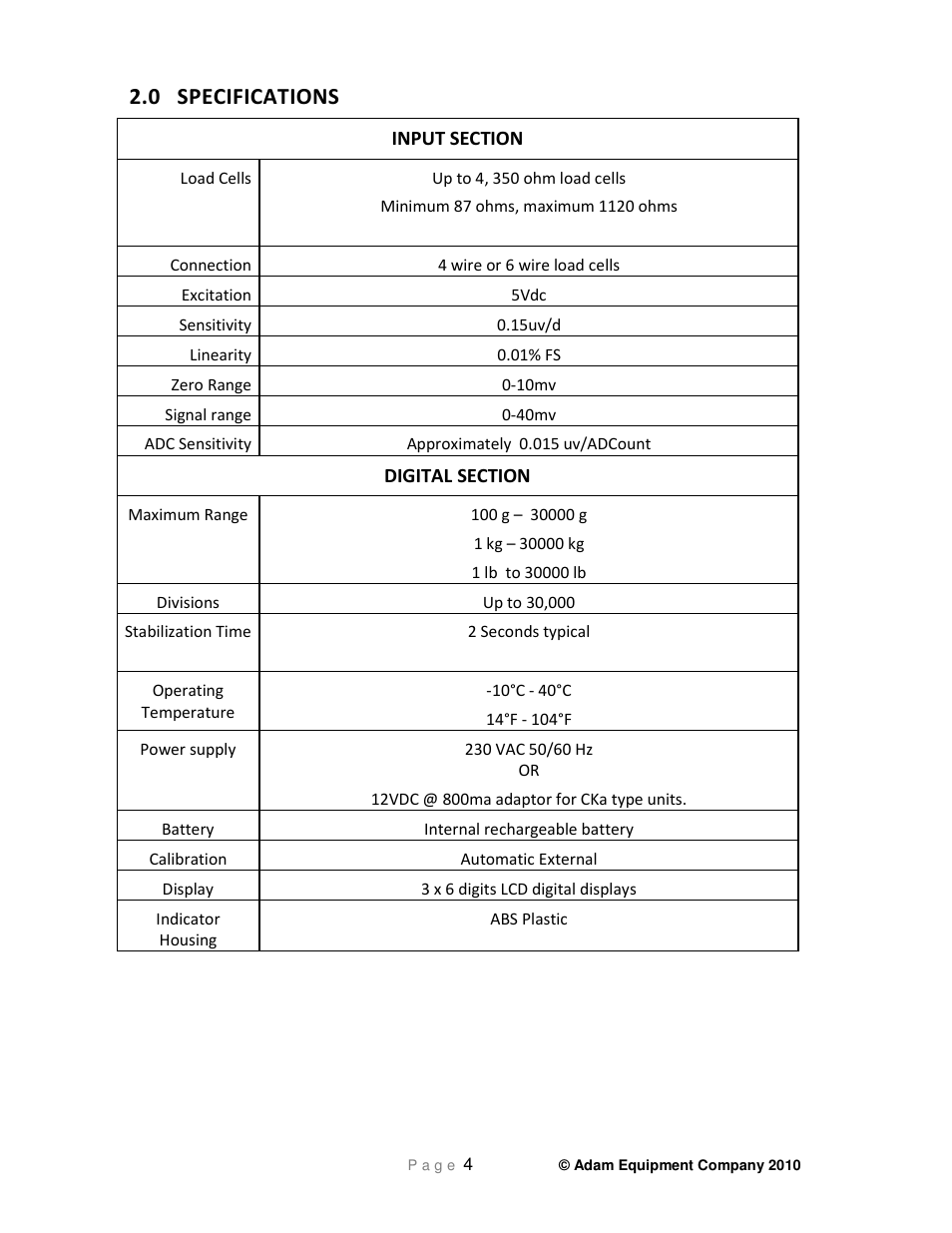 0 specifications | Nova-Tech GC Indicator User Manual | Page 6 / 44