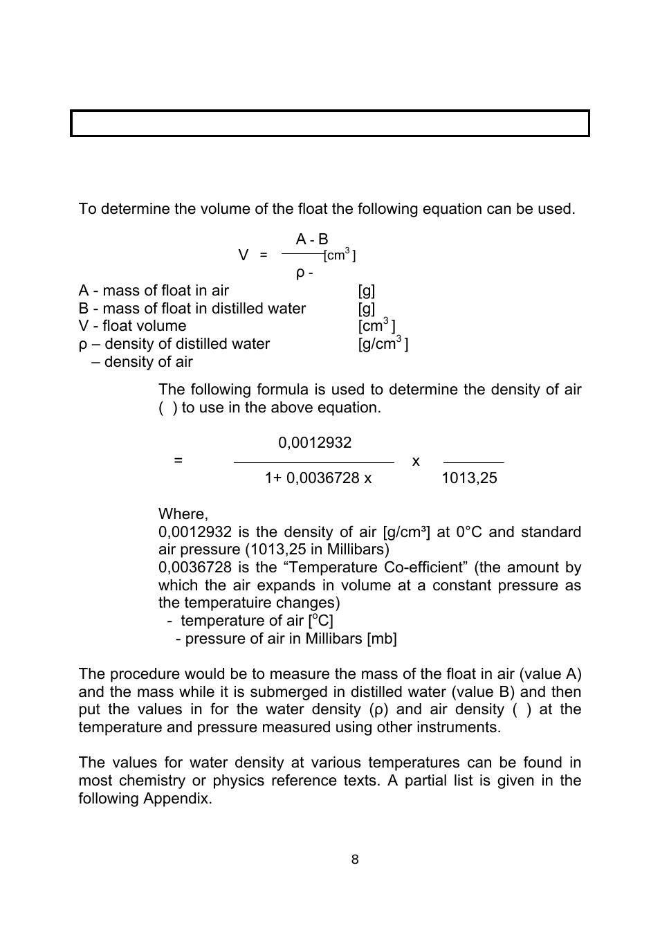 Appendix a, A method to determine the volume of the float | Nova-Tech Density Kit for Adam PW and PGW Series User Manual | Page 10 / 12