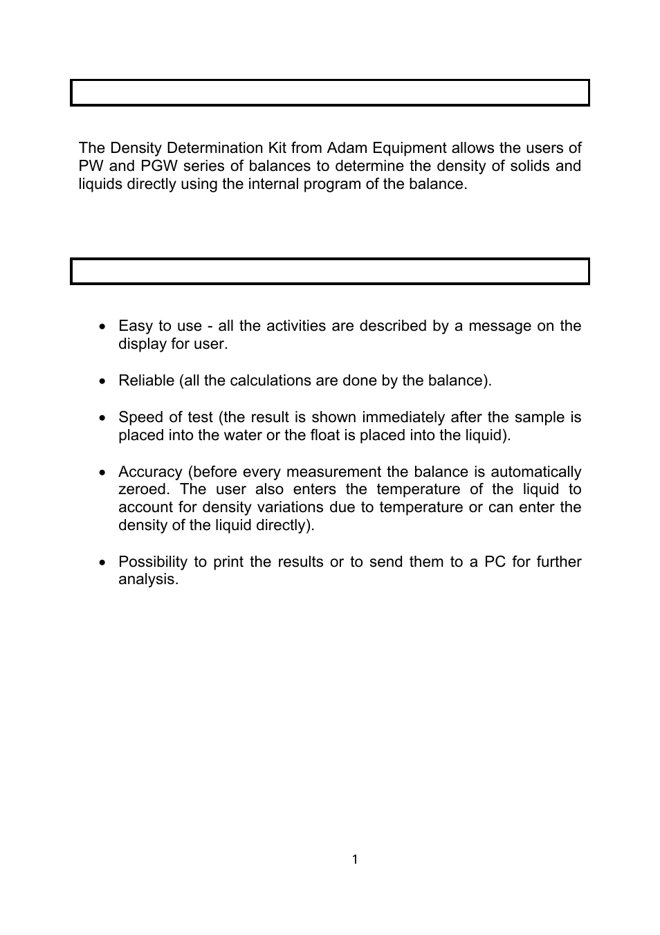 0 introduction, 0 features | Nova-Tech Density Kit for Adam PW and PGW Series User Manual | Page 3 / 12