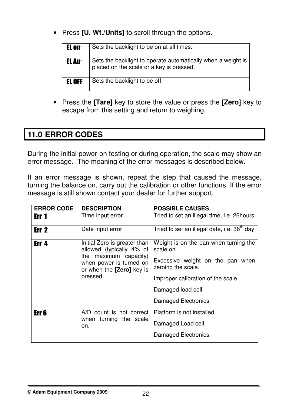 0 error codes, Press [u. wt./units] to scroll through the options, El on | El au, El off, Err 1, Err 2, Err 4, Err 6 | Nova-Tech CBC Series User Manual | Page 24 / 28