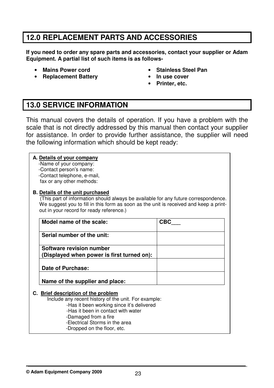 0 replacement parts and accessories, 0 service information | Nova-Tech CBC Series User Manual | Page 25 / 28