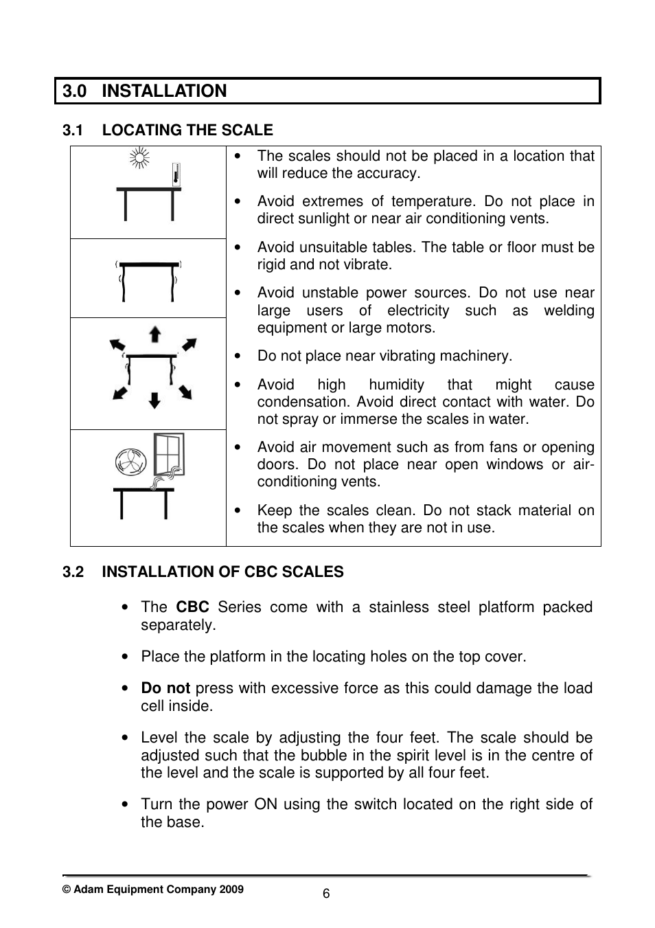 0 installation, 1 locating the scale, 2 installation of cbc scales | Nova-Tech CBC Series User Manual | Page 8 / 28