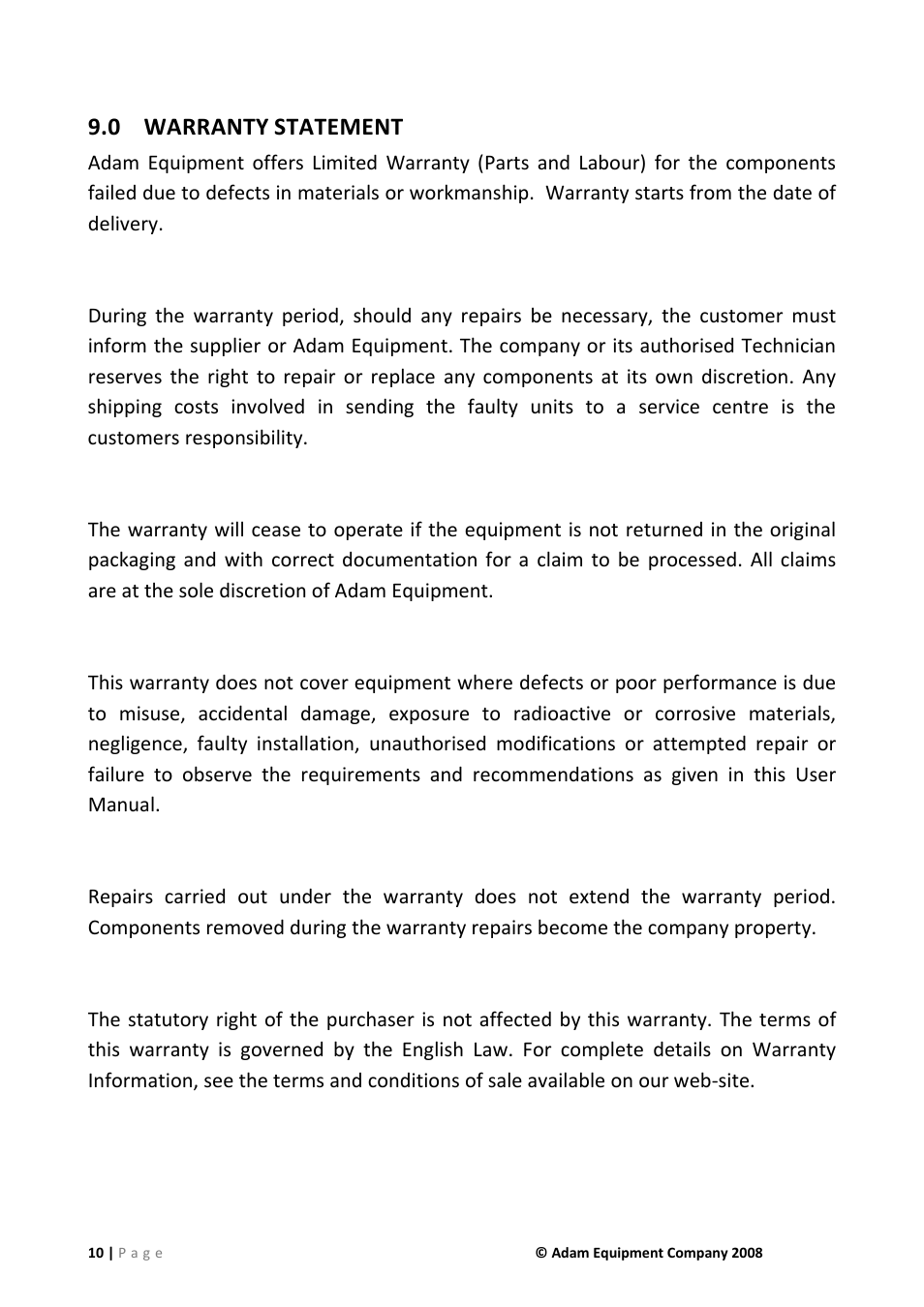 0 warranty statement, Warranty statement, 0 warranty | Statement | Nova-Tech DCT Series User Manual | Page 10 / 12