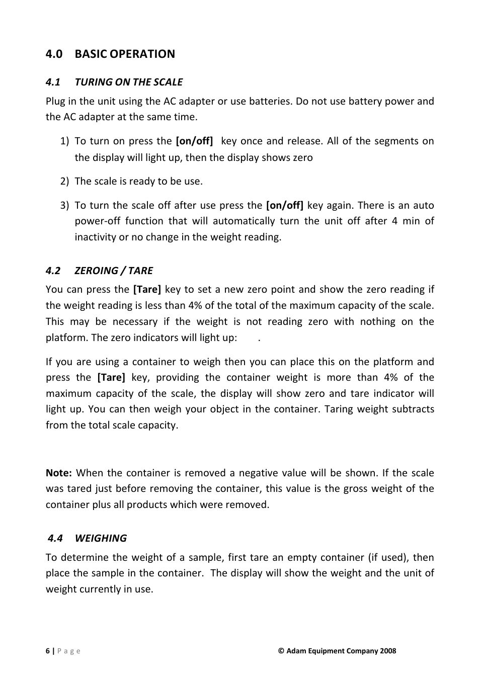 0 basic operation, 1 turing on the scale, 2 zeroing / tare | 4 weighing, Basic operation, Turing on the scale, Zeroing / tare, Weighing, 0 basic, Operation | Nova-Tech DCT Series User Manual | Page 6 / 12