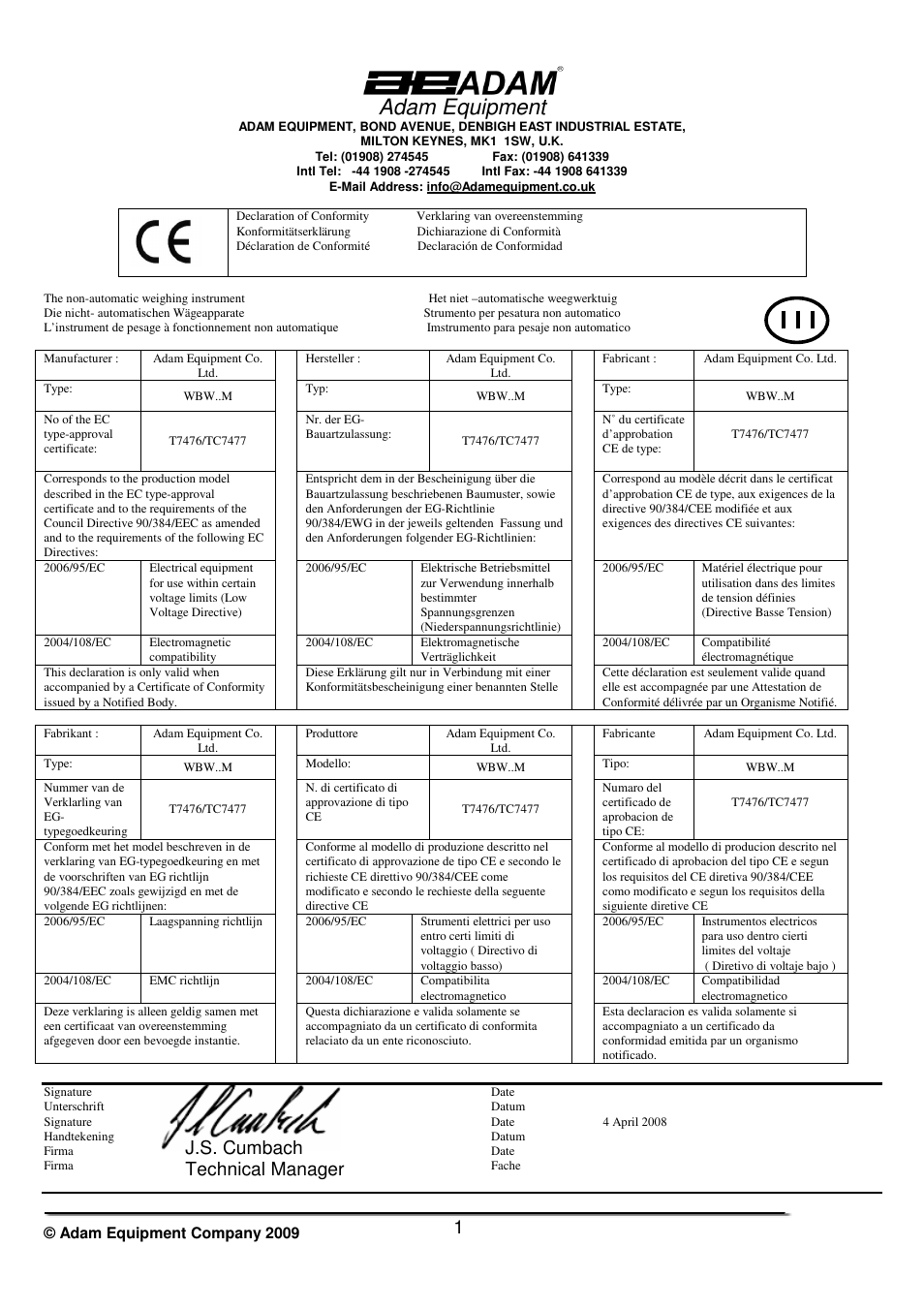 Adam equipment, J.s. cumbach technical manager | Nova-Tech WBW Series User Manual | Page 24 / 28