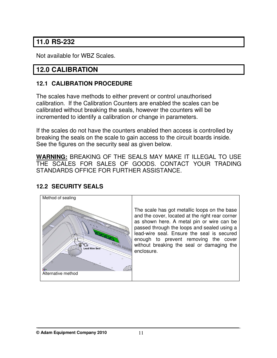 0 rs-232, 0 calibration, Not available for wbz scales | 1 calibration procedure, 2 security seals | Nova-Tech WBZ..aM Series User Manual | Page 13 / 24