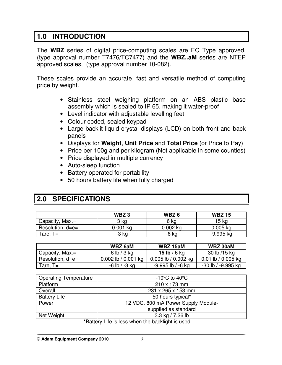 0 introduction, 0 specifications | Nova-Tech WBZ..aM Series User Manual | Page 5 / 24