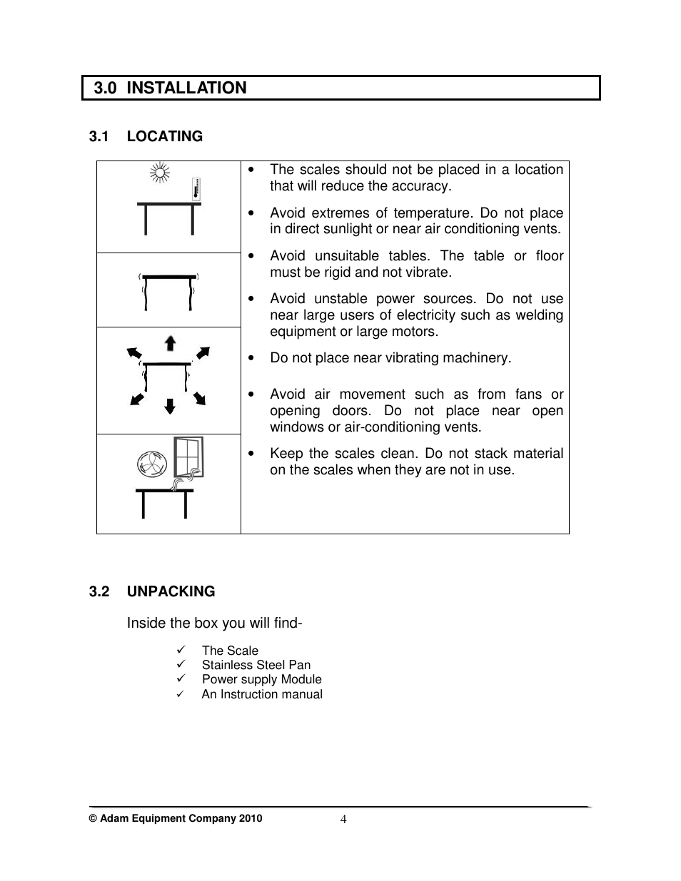 0 installation, 1 locating, 2 unpacking | Inside the box you will find, Do not place near vibrating machinery | Nova-Tech WBZ..aM Series User Manual | Page 6 / 24