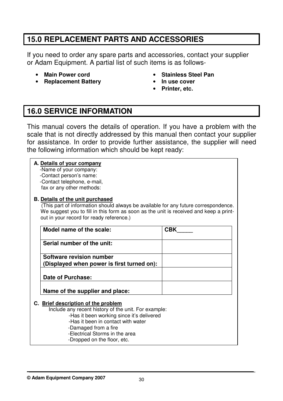 0 replacement parts and accessories, 0 service information | Nova-Tech CBK Series User Manual | Page 32 / 36