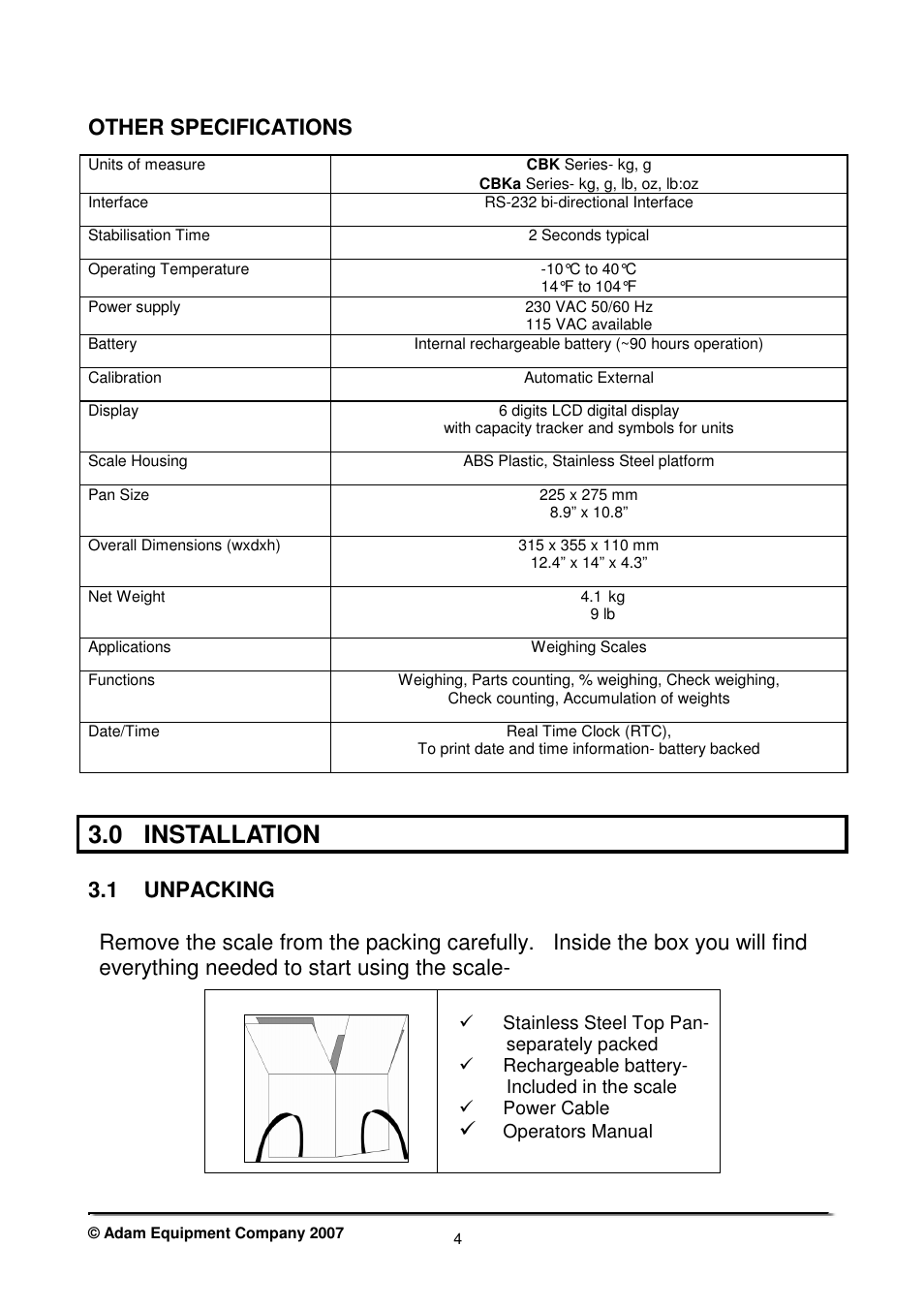 0 installation, Other specifications, 1 unpacking | Nova-Tech CBK Series User Manual | Page 6 / 36