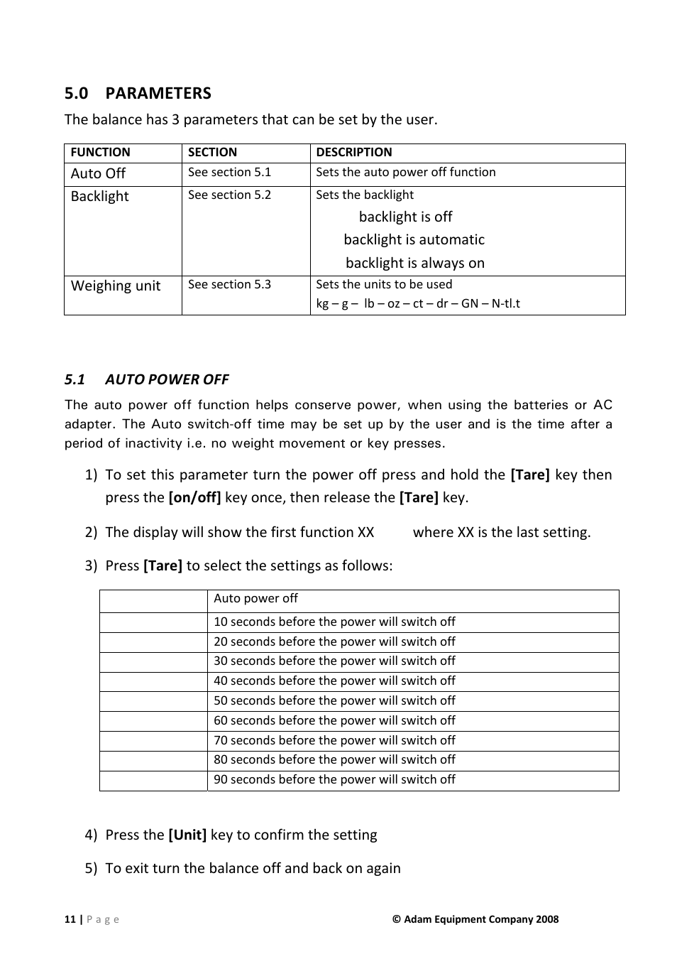 0 parameters, 1 auto power off, Parameters | Nova-Tech CQT Series User Manual | Page 11 / 20