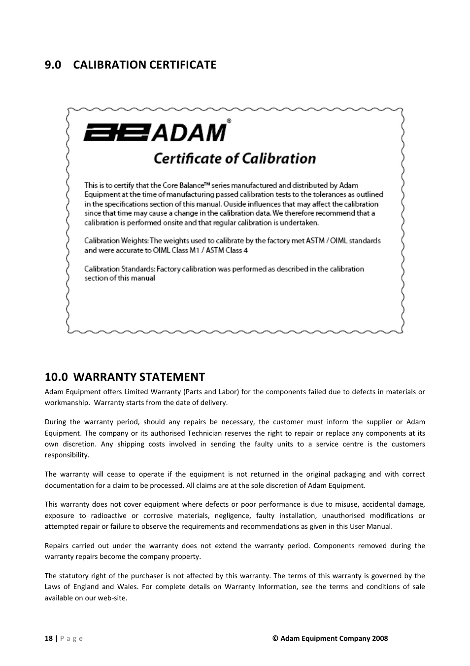 0 calibration certificate, 0 warranty statement, Calibration certificate | Warranty statement, 0 calibration, Certificate 10.0 warranty, Statement | Nova-Tech CQT Series User Manual | Page 18 / 20