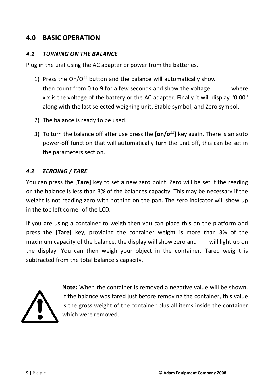 0 basic operation, 1 turning on the balance, 2 zeroing / tare | Basic operation, Turning on the balance, Zeroing / tare, 0 basic, Operation | Nova-Tech CQT Series User Manual | Page 9 / 20